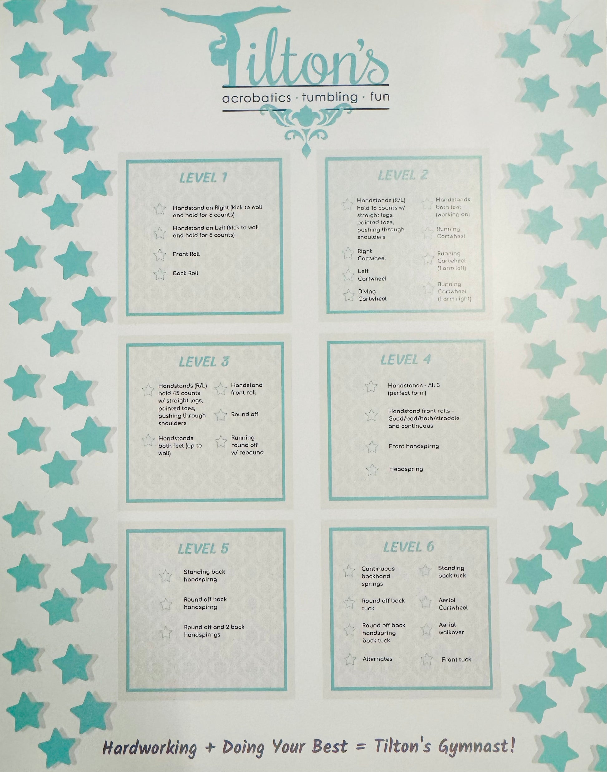 A Poster with levels and activities for Tilton's acrobatics, tumbling, and fun program on a star-patterned background.
