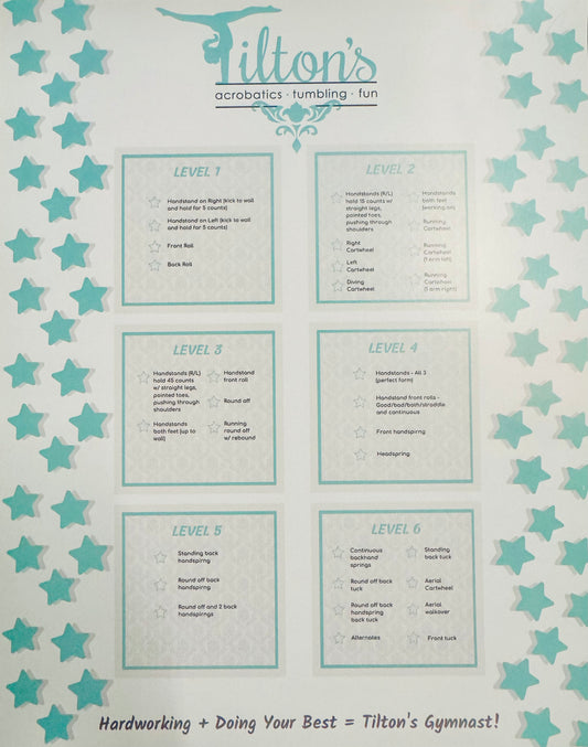 A Poster with levels and activities for Tilton's acrobatics, tumbling, and fun program on a star-patterned background.